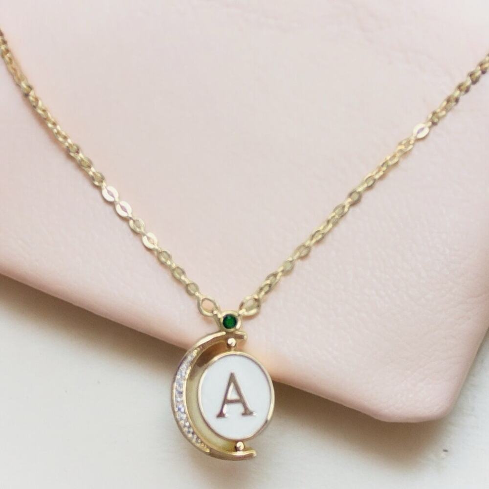 14K  Rose Gold Plated Dainty Moon Rotatable Letter  “A” Pendent Necklace NIB